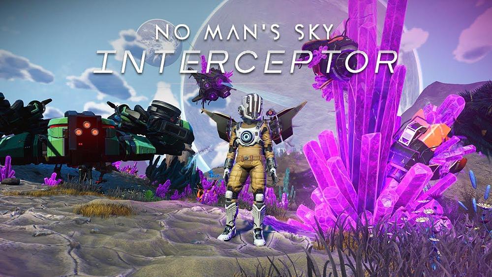 Text: No Man's Sky: Interceptor. Image: A humanoid in a spacesuit with jetpack stands on an alien planet. On the right is a purple crystal taller than the humanoid. On the left is a relatively small, green spaceship.