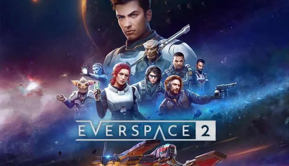 Key artwork for a game showing several alien species, and human men and women astronauts and space pirates in a collage. Text: Everspace 2