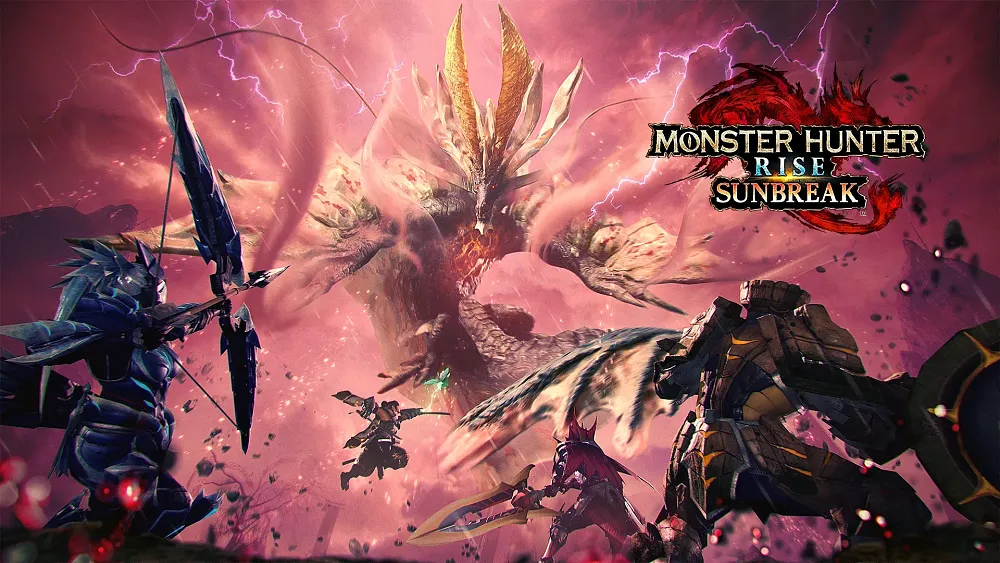 Key art for Monster Hunter Rise: Sunbreak showing hunters taking on a giant dragon beast.