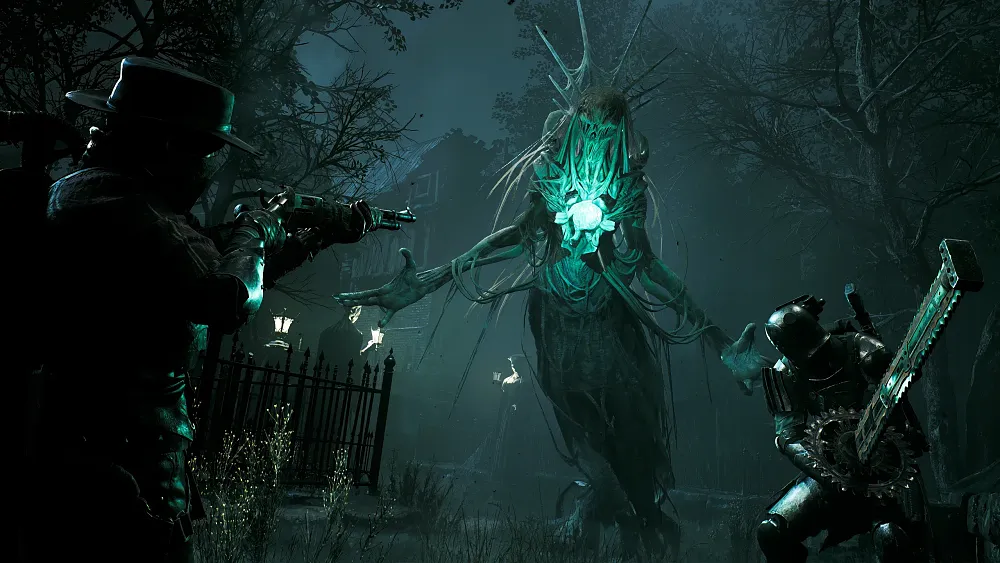 Screenshot from a game Remnant 2 showing players taking on a tall spooky, ghostly creature that has a glowing blue light coming out of where its chest is.