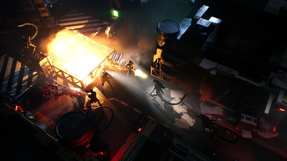 Isometric view of a game showing human soldiers facing off against the Alien from the Alien franchise.