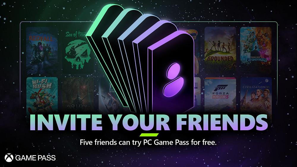 Text: Invite your friends. Five friends can try PC Game Pass for free. Game Pass. Image: Art showing different PC Game Pass title artworks.