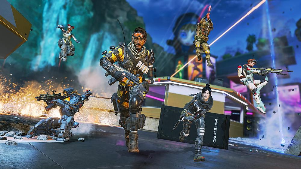 Six different characters from the game Apex Legends in various poses and holding various weapons.