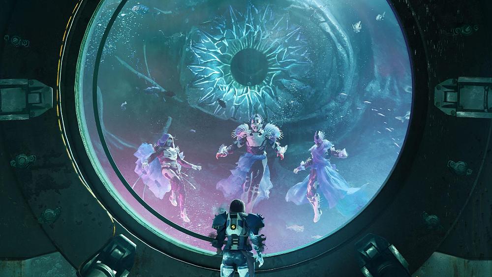 A person standinb before a giant underwater window looking at three Guardians from Destiny 2. Behind them in the water is a gigantic eyeball presumably from some sort of sea creature.