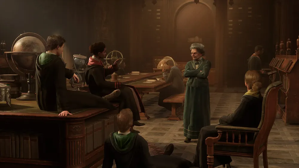 PC screenshot of Hogwarts Legacy showing students and a professor in a classroom.