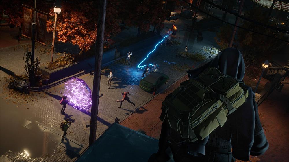 Vampire hunters hunting vampires in the game Redfall. One person has a purple umbrella shield. Another is on a rooftop providing overwatch.