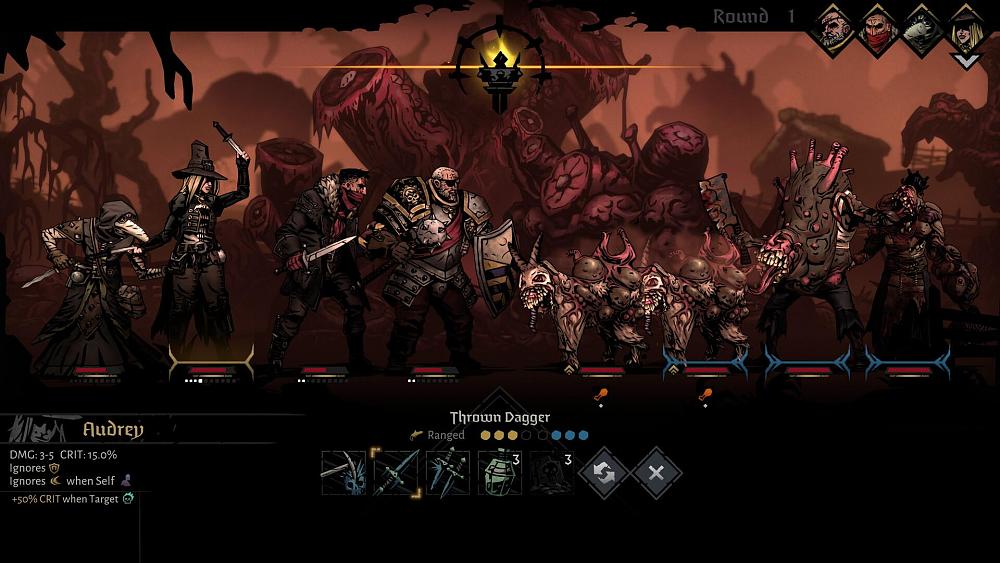 Screenshot from Darkest Dungeon 2 showing two groups of people and creatures fighting each other.