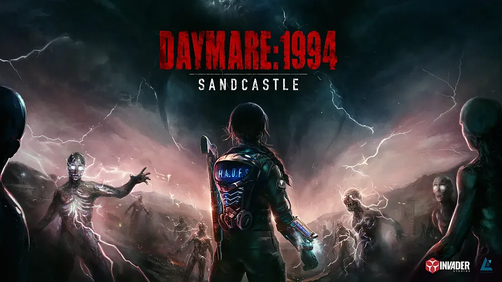Key artwork for the upcoming survival horror game, Daymare: 1994 Sandcastle showing the title and the back of the main character as she faces several zombies.