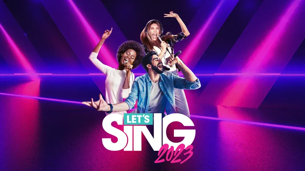 Key artwork for Let's Sing 2023 showing the title and three people in the act of singing.