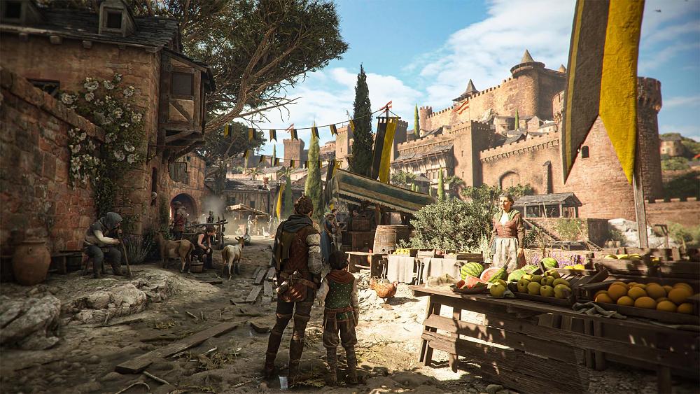 Image from a game showing two characters, a young girl and a young boy, standing in a medieval looking town.