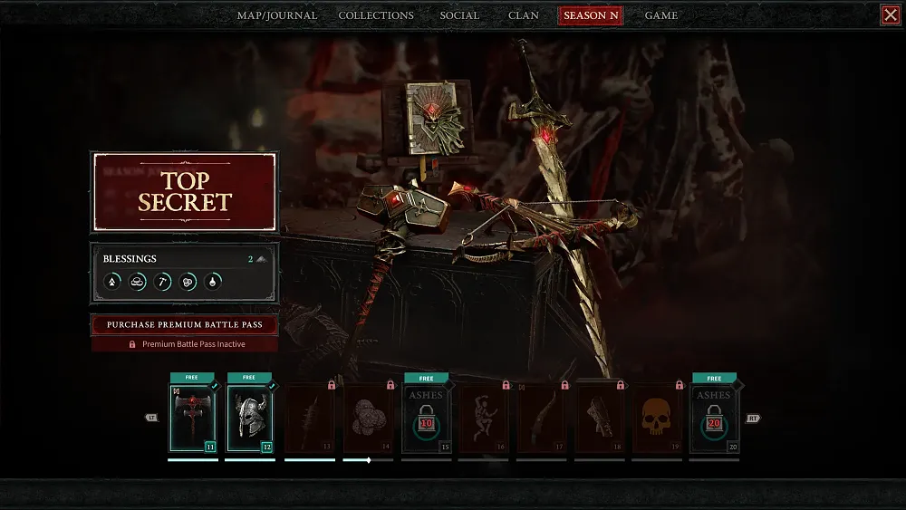 Screenshot from Diablo 4 showing a look at the season pass progression system with different unlockable content tiers.