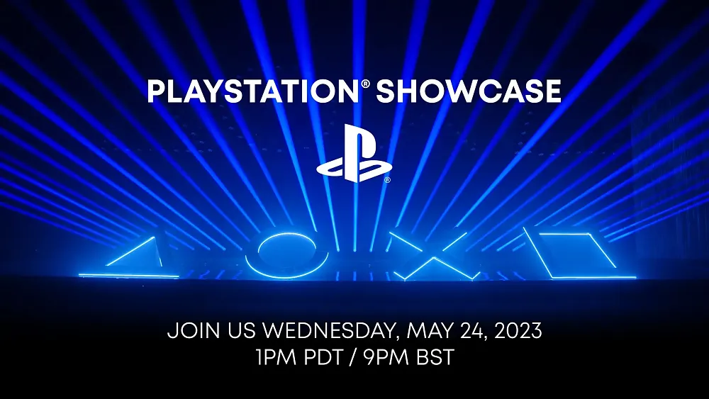 Text: PlayStation Showcase. (PlayStation logo). Join us Wednesday, May 24, 2023. 1PM PDT / 9PM BST