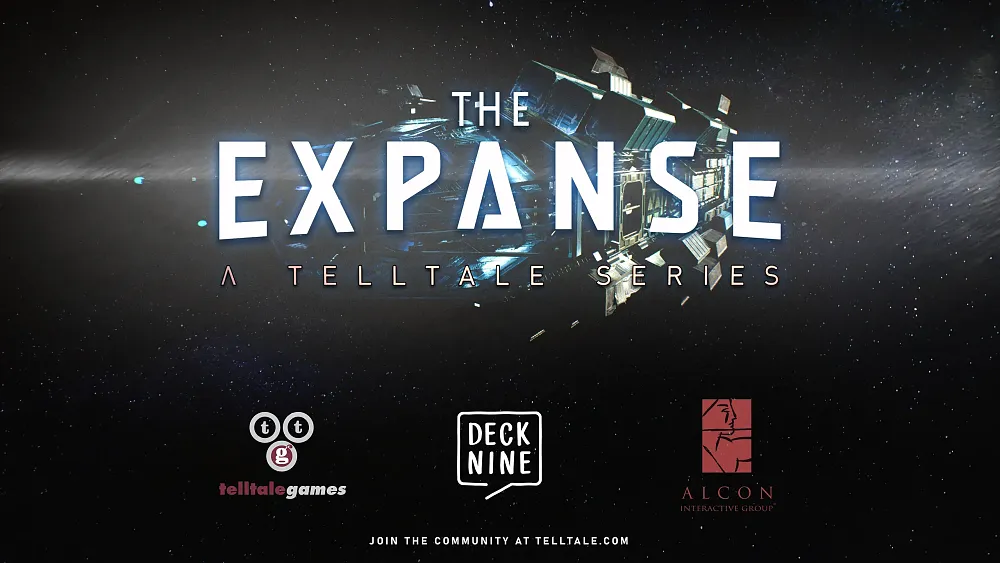 Key art for The Expanse: A Telltale Series showing the title and logos for various studios that worked on the game.