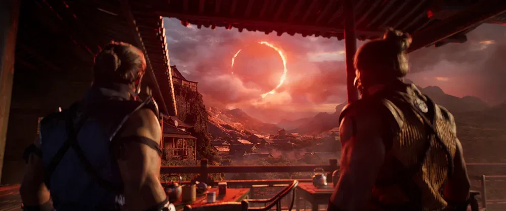 Image from the Mortal Kombat 1 trailer showing Sub-Zero and Scorpion facing an ominous sun that has been eclipsed.