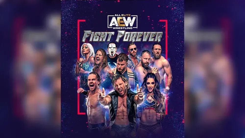 AEW: Fight Forever. A bunch of wrestlers in various poses are grouped up under the title.