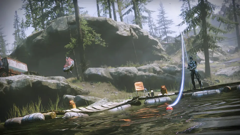 Screenshot showing a Destiny 2 Guardian fishing.