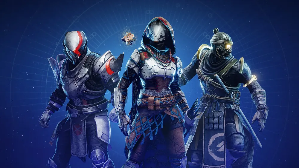 Image of the three Destiny 2 Guardian classes wearing themed gear from several different PlayStation IPs.