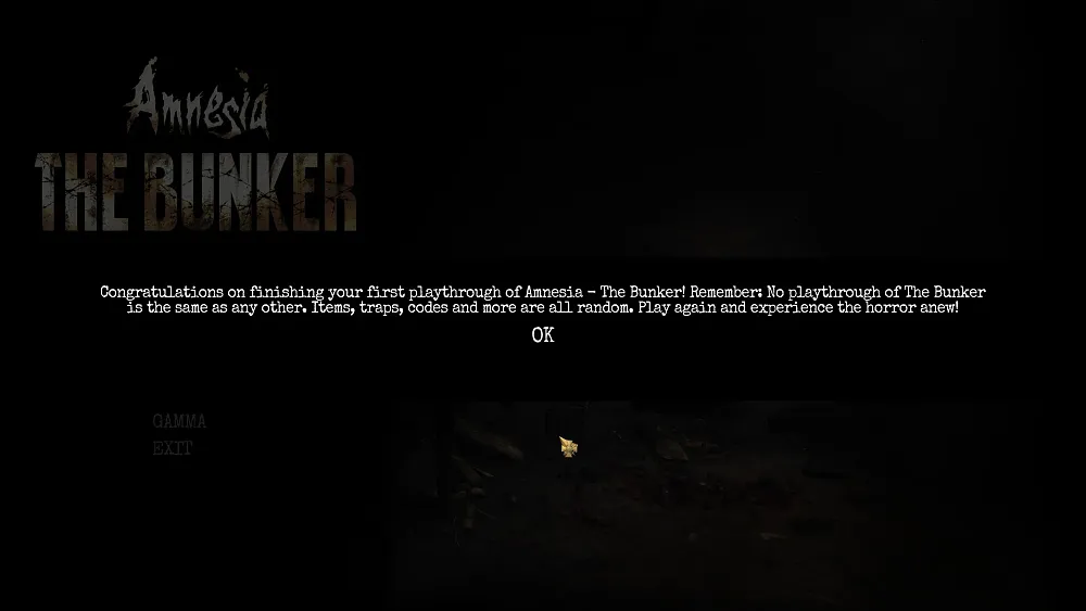 Screenshot showing a post-ending message suggesting to play Amnesia: The Bunker again as items and traps are randomized.