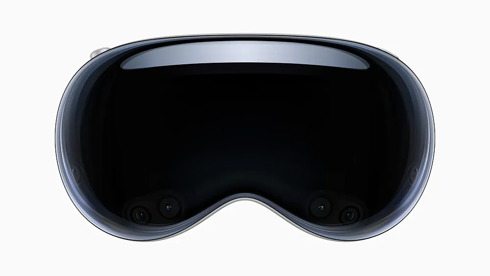 A photo of the front of the Apple Vision Pro mixed-reality headset