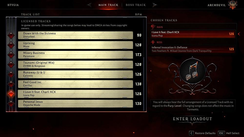 Track list of several non-metal songs in the Essential Hits Pack DLC released for Metal: Hellsinger.