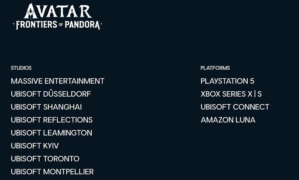 A list of Ubisoft studios and release platforms for Avatar: Frontiers of Pandora that indicates the game won't be released outside of Ubisoft Connect on PC.