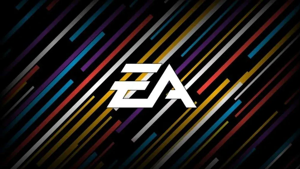 The EA logo for Electronic Arts against a colorful striped background.