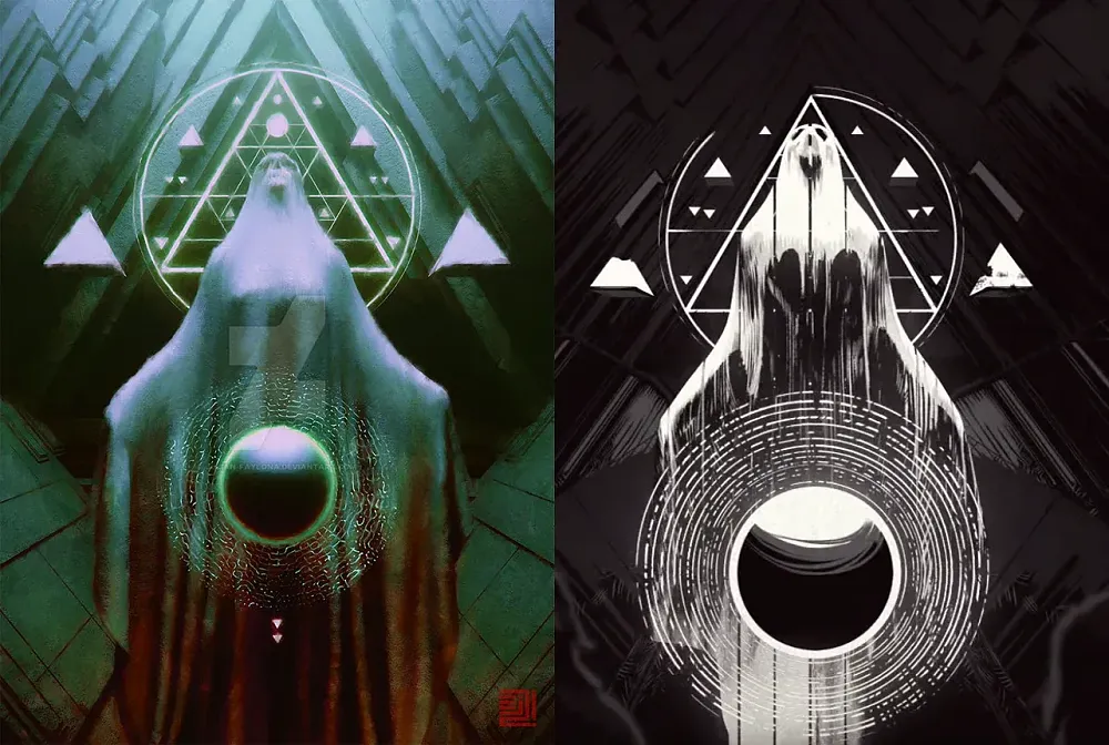 Dual image showing art used in a Destiny 2 cutscene on left vs fan art created in 2020.