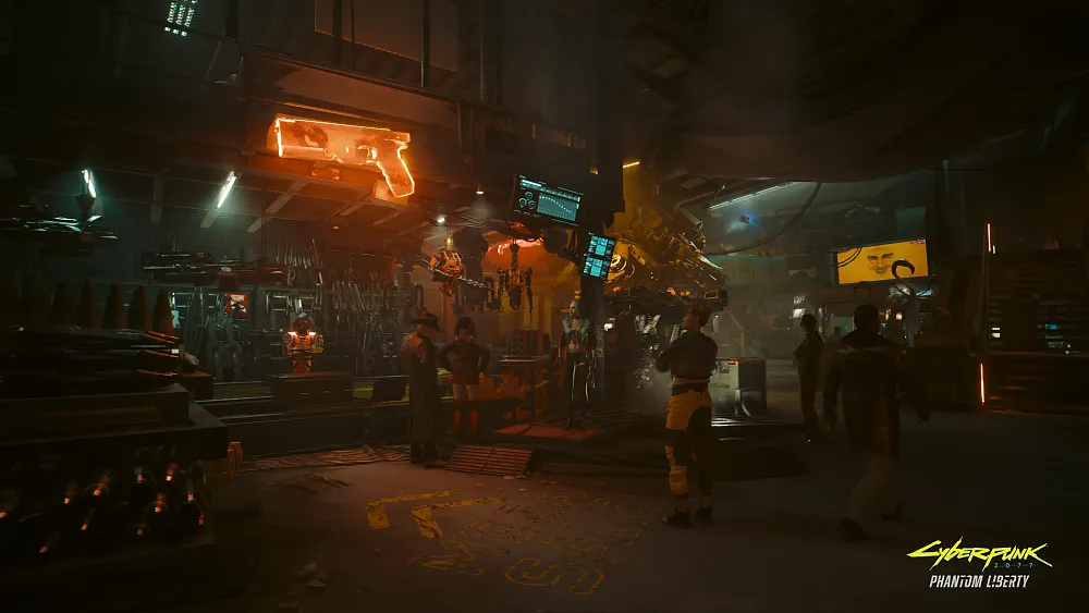 A screenshot of the black market area of Dogtown from Cyberpunk 2077: Phantom Liberty.