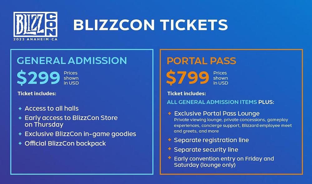 Pricing for BlizzCon 2023 tickets. There is a $300 general admission ticket and a pricey $800 Portal Pass ticket.