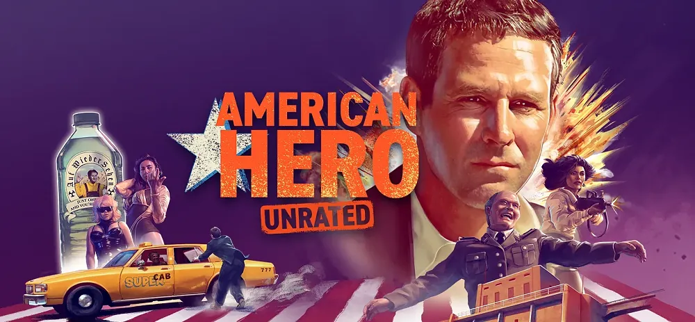 Key art and logo for American Hero: Unrated Edition featuring the title and a collage of characters.