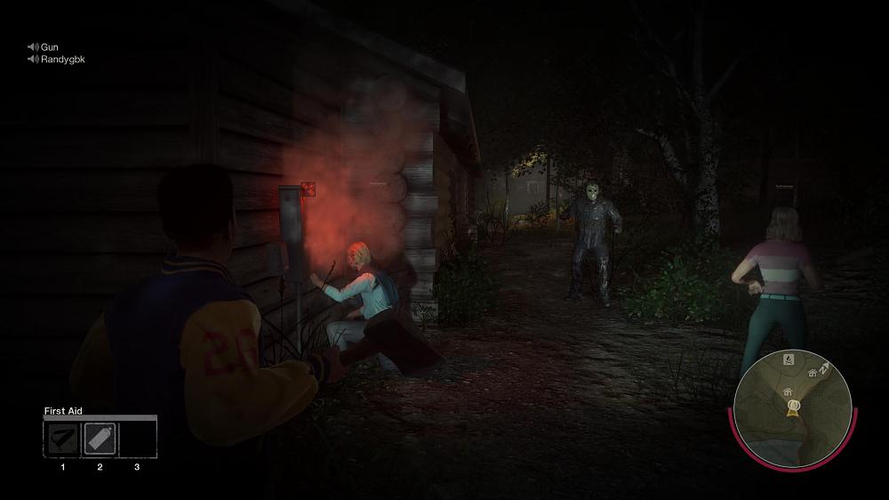 Screenshot from Friday the 13th: The Game showing Jason and camp counselors.