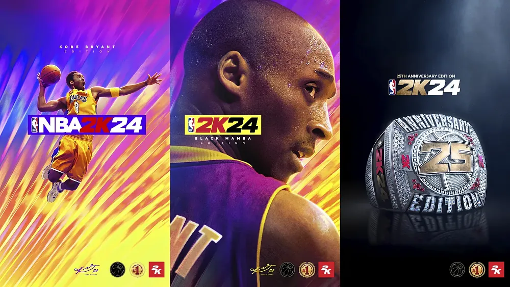 A look at the three different cover images for NBA 2K24, two of which show photos of Kobe Bryant.