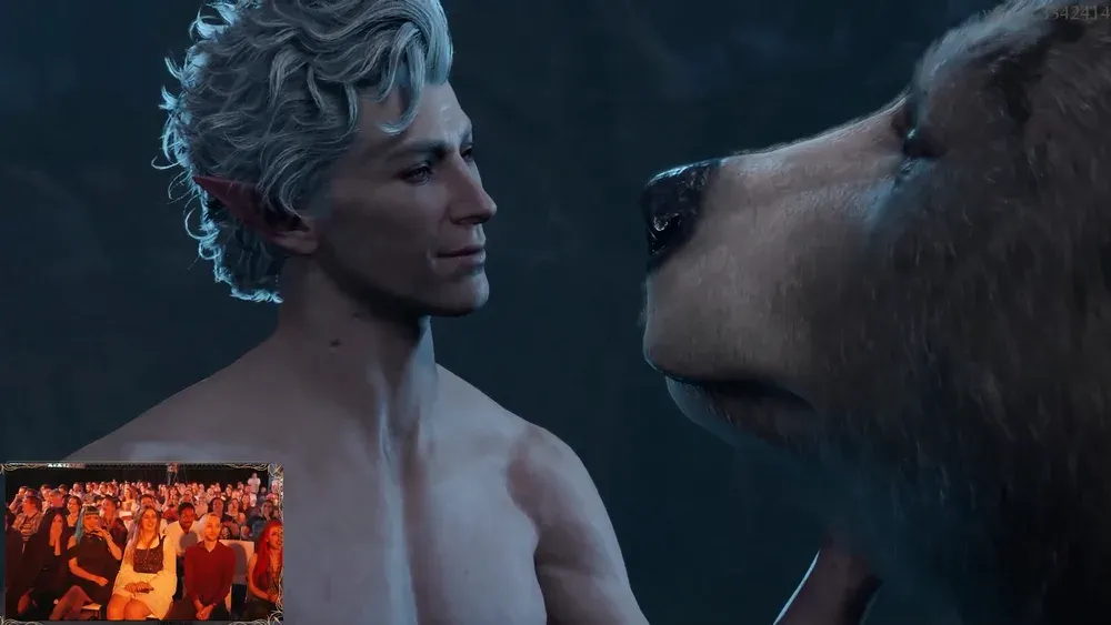 A scene from Baldur's Gate 3 showing an intimate moment between a vampire and a shapeshifter in bear form.