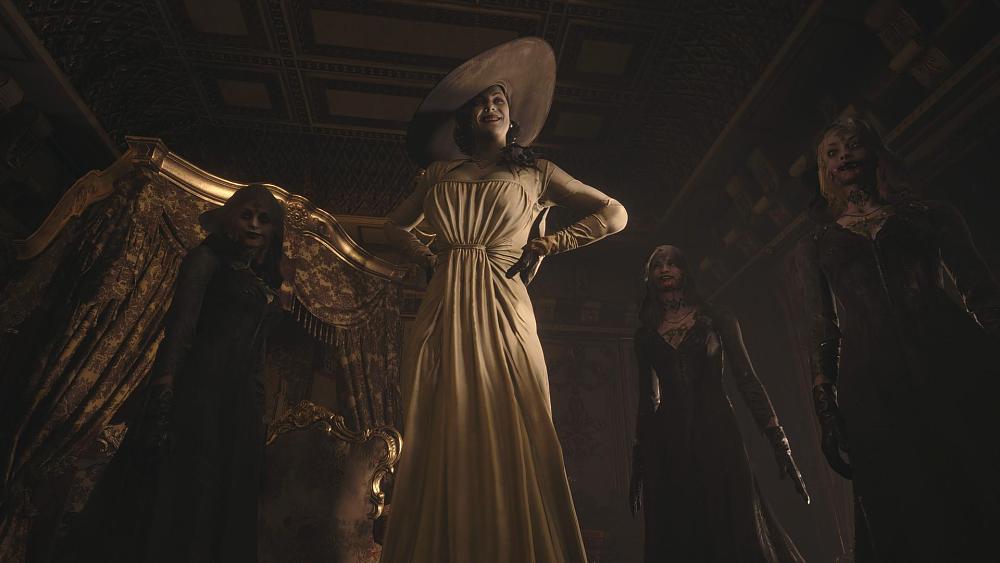 Screenshot from Resident Evil Village of Lady Dimitrescu and her three daughters.