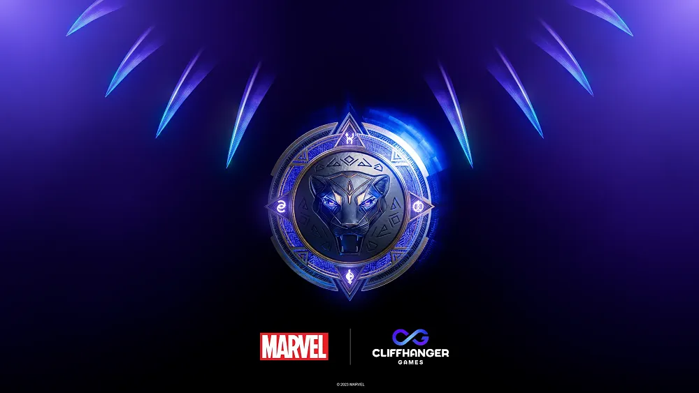 Art showing the newly formed Cliffhanger Games logo, the Marvel Games logo, and artwork of a logo for a new Black Panther game.