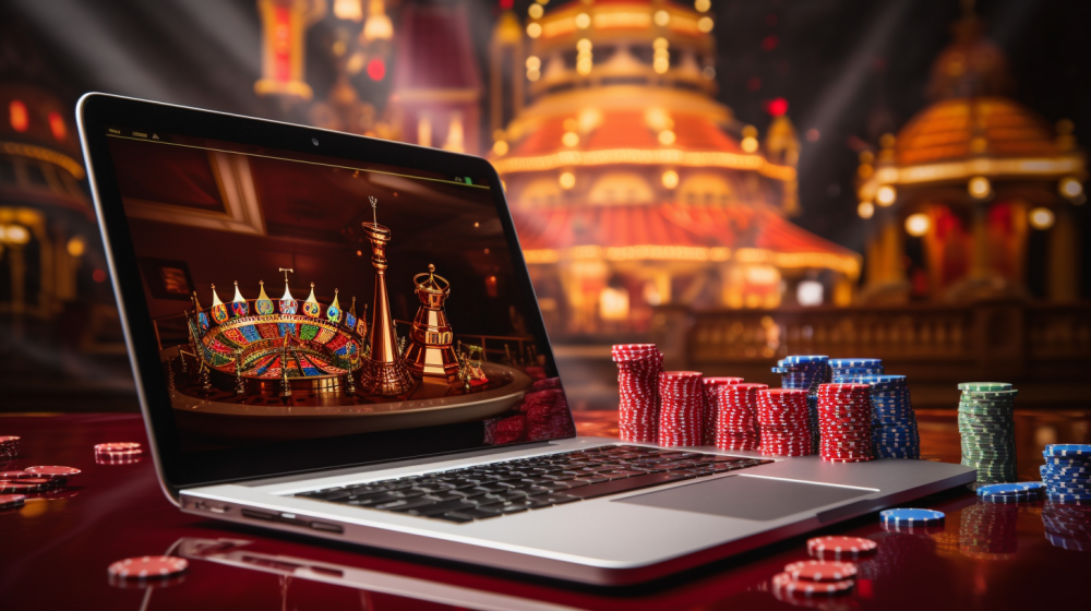 Photo of a laptop in a casino, surrounded by betting chips, with another image of a small casino on the laptop's screen