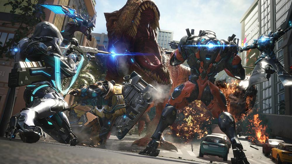 Screenshot from Exoprimal with dinosaurs and people fighting them in futuristic sci-fi suits.