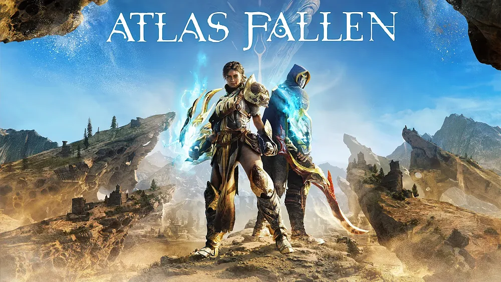 Two people standing in a desert for the fantasy action game Atlas Fallen.