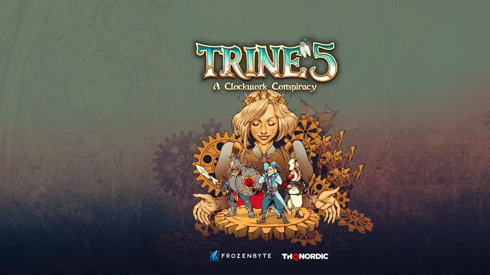 Key art showing the title Trine 5: A Clockwork Conspiracy and various characters.