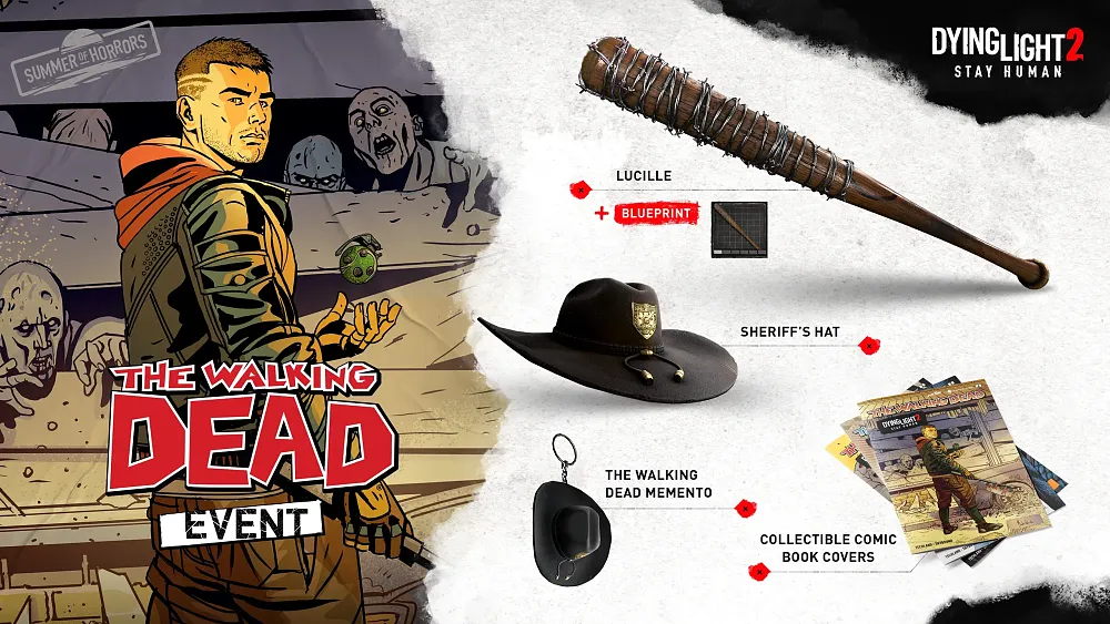 Art showing The Walking Dead items and comic covers you can earn in Dying Light 2.