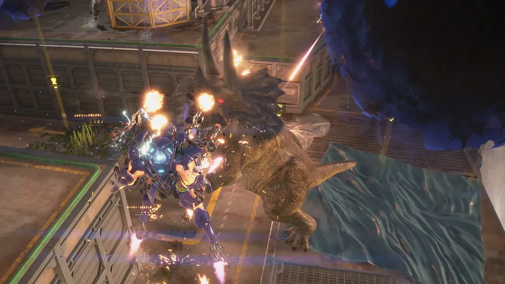 Screenshot showing players shooting at evil dinosaurs.
