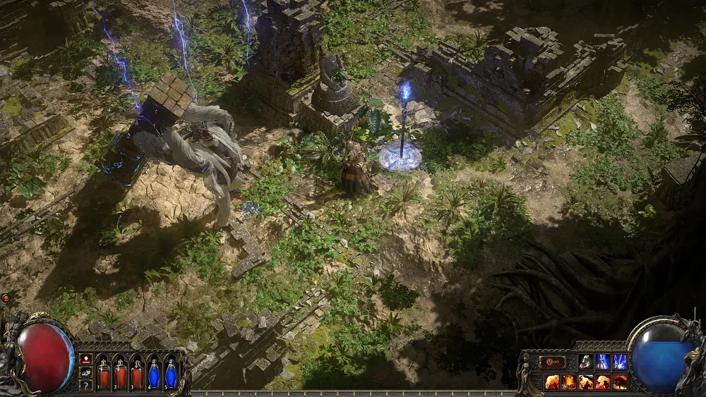 Screenshot from the action RPG game Path of Exile 2 showing a jungle environment with a player battling a giant creature that is holding a pillar as a weapon.
