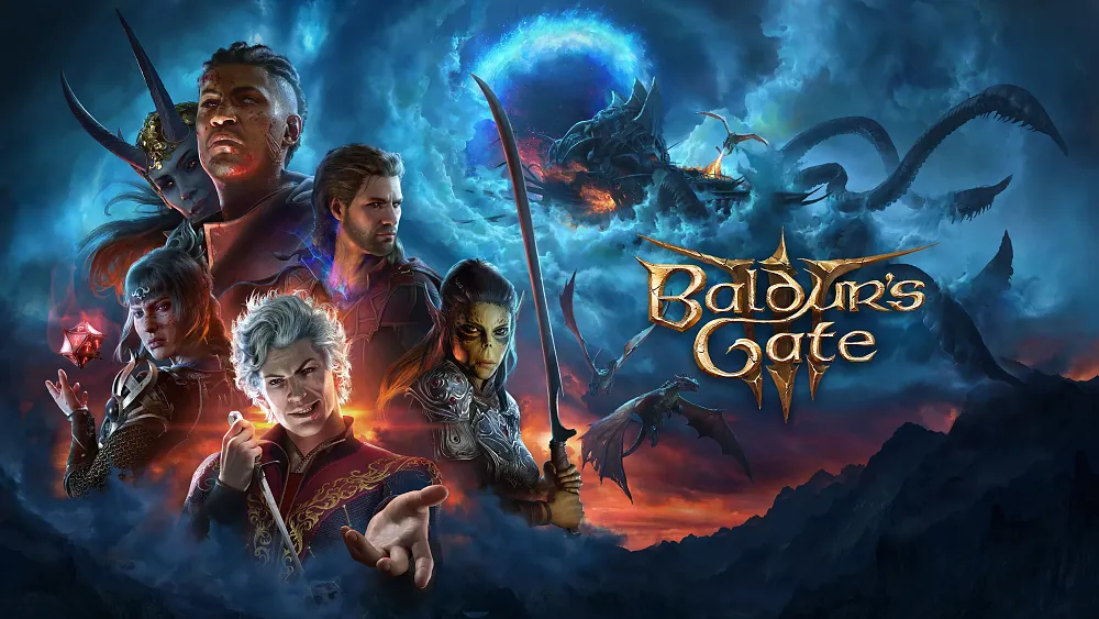Key art showing characters and title for Baldur's Gate 3.