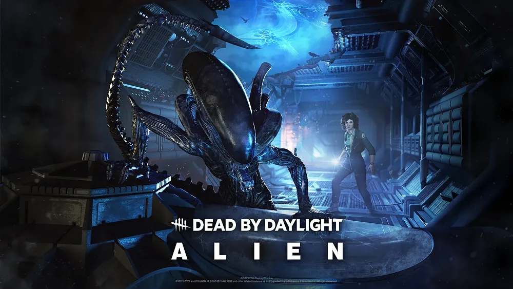 Key art showing the Xenomorph alien from Alien and Ellen Ripley in Dead by Daylight.
