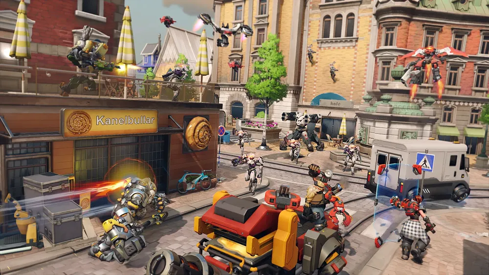 Screenshot showing a lot of enemies and characters fighting each other in Overwatch 2's PvE mode.