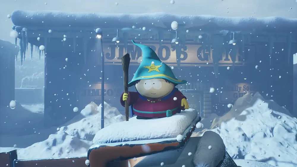 Eric Cartman from South Park standing on a snow covered car as snow falls around him.
