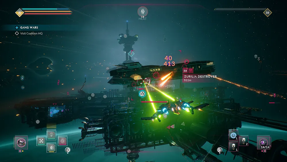 Screenshot showing a space fighter craft engaging in a battle against a much larger ship in the depths of space.