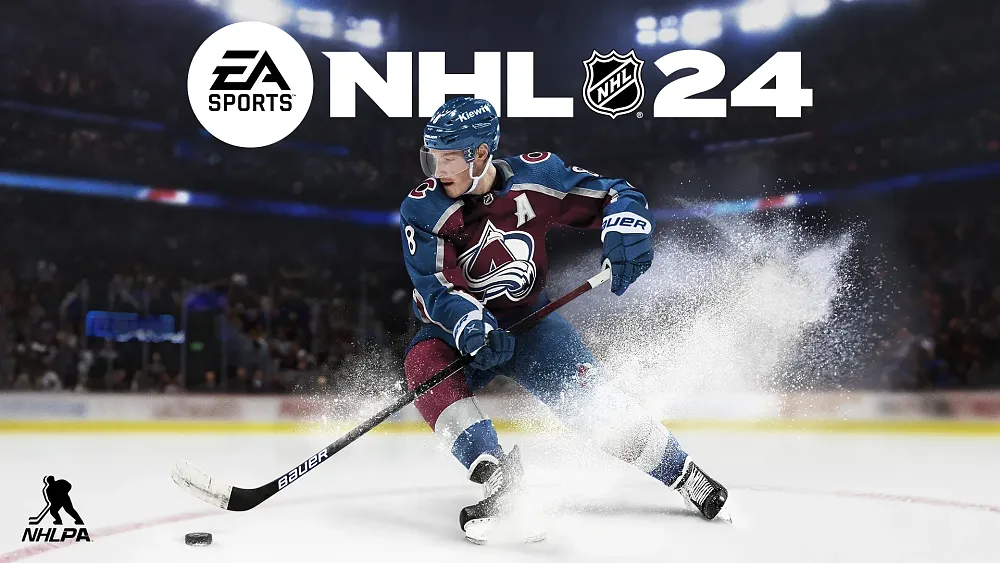 Pro hockey player posing for the cover of NHL 24.