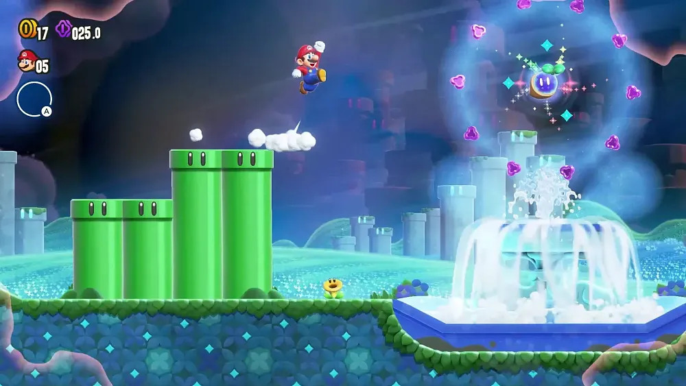 Mario jumping off a tower of pipes towards the goal.