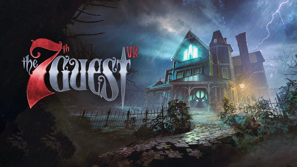 Key art showing a spooky mansion and the title, The 7th Guest VR.